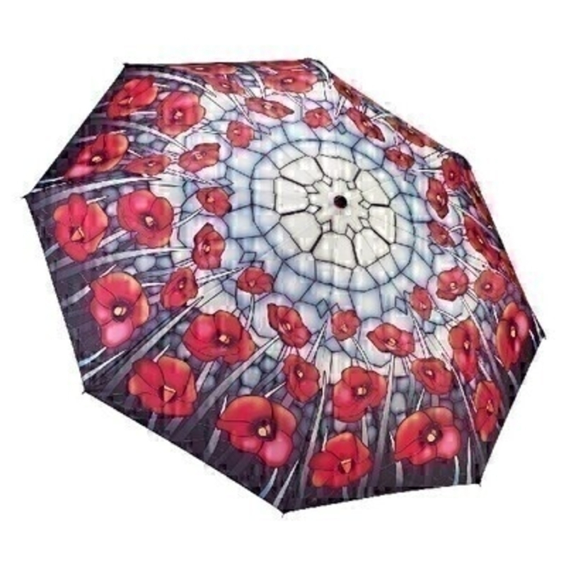 Folding Umbrella by Blooming Brollies. Another fantastic folding Umbrella from Galleria  with detailing second to none. The illustrated design on the fabric features Stained Glass Poppies covering the entire umbrella which makes it very eye catching. This umbrella has virtually unbreakable fibreglass ribs  allowing for flexibility in windy conditions and has automatic opening and closing with a secure velcro fastening.